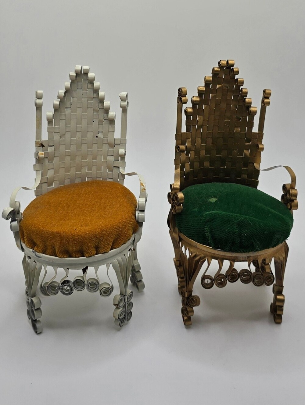 Vintage Tin Can Folk Art Tramp Chair Pin Cushion Scroll Curled Doll Seat Set